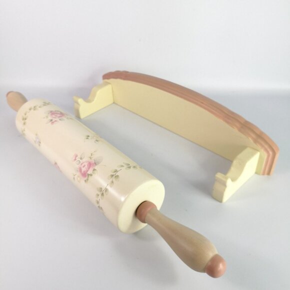 Pfaltzgraff Tea Rose Ceramic Rolling Pin  Wall Hanging Bracket Cottage Pastry - Picture 6 of 11